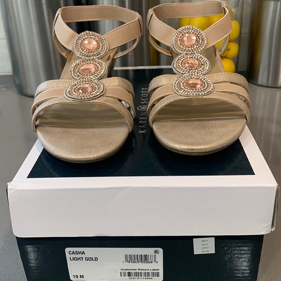 Karen Scott Casha Jewel Light Gold T Strap Wedge Heel Sandals - Picture 2 of 16